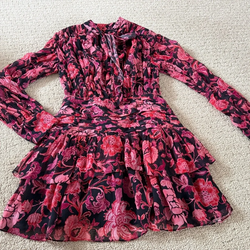 Revolve X HEMANT & NANDITA Crimson Rouched Mini Floral Dress B30 - Picture 14 of 15